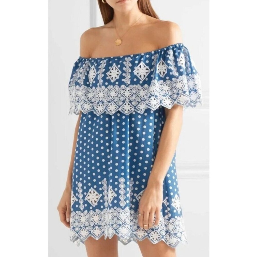 Miguelina Crochet Embroidered Blue Off Shoulder Mini Dress Sz XS Off Shoulder